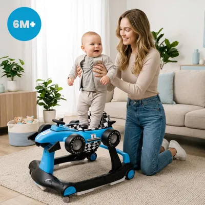 Obrázek produktu pro Sun Baby Walker 3v1 chodítko s výškově nastavitelným motivem auta, závodní autíčko, interaktivní a skládací s bezpečnostní zarážkou, tlačítky, světly a zvukem od 6 měsíců modrá