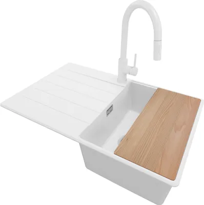 Produktbild von PRIMAGRAN Granitspüle Weiß 78x50cm, Spülbecken 1 Becken + Küchenarmatur 40x20cm + Ablauf-Set + Schneidebrett, Küchenspüle ab 45er Unterschrank - Kopenhagen