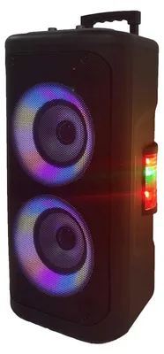 A black trolley speaker with colorful LED lights on the speakers.