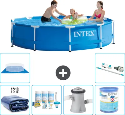 Produktbild von Intex-Schwimmbecken mit rundem Rahmen – 305 x 76 cm – Blau – im Lieferumfang enthalten Sonnensegel - Wartungspaket - Filterpumpe für Schwimmbad - Filter - Bodenplane - Staubsauger