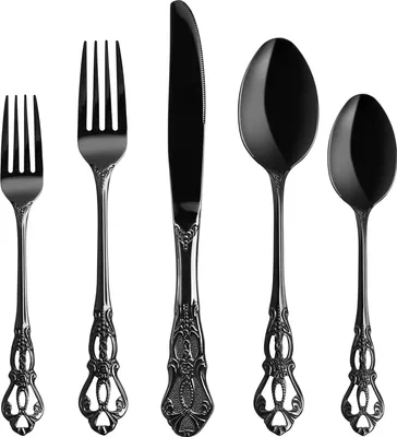 Produktbild von Besteckset Royal Schwarz 20-teilig, Schwarz Besteck Set 4 Personen aus Edelstahl, Royal Schwarzes Besteck Messer und Gabel Set Hochglanzpoliert spülmaschinenfest für Hochzeitsfest Bankett Geschenk