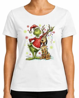 Obrázok produktu pre Grinch Christmas Reindeer Fairy Lights Snowflakes Darčekové dámske tričko, biele, L