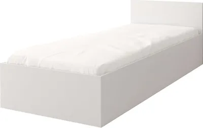 A white single bed with a white mattress and a white headboard, shown from a diagonal angle against a white background.