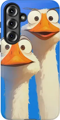 Produktbild von Zwei lustige Gänse mit großen Augen auf blauem Hintergrund – Hülle Kompatibel mit Samsung Galaxy S25 Plus