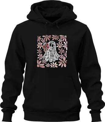 Produktbild von Halloween Gespenst Spitze Blumen Boho Gänseblümchen Süß Niedlich Uni Hoodie Kapuzenpullover, Schwarz, M