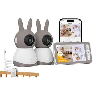Produktbild von Babyphone mit 2 Kameras und APP 2K/5,0 Zoll WLAN Babyfon mit Split-Screen PTZ 360° 4× Zoom IR-Nachtsicht Automatische Verfolgung mit Halterung