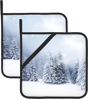 Produktbild von Weihnachtsschneebaum-Topflappen im 2er-Set, hitzebeständige und rutschfeste Topflappen für die Küche, zum Kochen und Backen, als Topfunterlage, 20,5 x 20,5 cm
