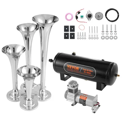 Immagine prodotto di Set di trombe da traino VEVOR, set di trombe ad aria a 4 trombe, trombe da traino da 150 dB per pick-up, compressore d'aria da 12 V 160 psi, serbatoio da 10 L con manometro per qualsiasi veicolo da 12 V, auto, camion, treno, furgone, barca ecc.