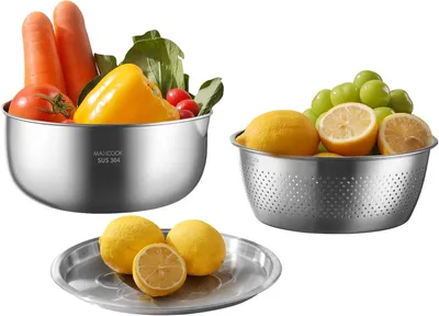 Image de Ensemble de trois bols à mélanger de 22 cm, en acier inoxydable, avec passoire et couvercle, pour la cuisine