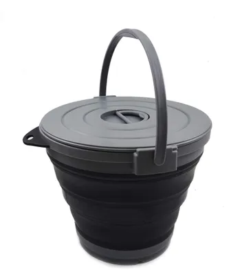 Klappbarer 10-Liter-Eimer mit Deckel, faltbar, rund, grau/schwarz