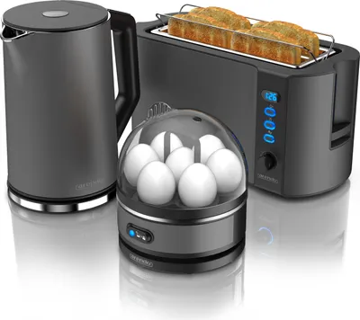 Produktbild von Arendo - Wasserkocher mit Toaster und Eierkocher SET Edelstahl Grau Wasserkocher 1,5L 40° - 100°C, Toaster 4 Scheiben LED-Display 6 Bräunungsgrade Eierkocher 1-7 Eier Messbecher BPA frei