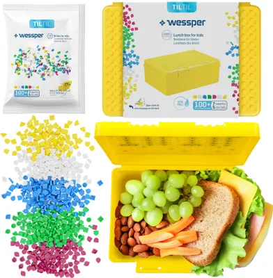 Obrázek produktu pro Wessper Lunchbox Kids, kreativní box na snídani pro děti s kostkami | žlutý personalizovaný box na chléb 165x118x65 mm, BPA Free | box na chléb pro děti ideální do školy, školky nebo pro volný čas