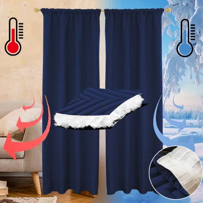The image shows navy blue curtains with a thermal insulation feature, depicted with graphics indicating temperature contrast and a close-up of the fabric's layered structure.