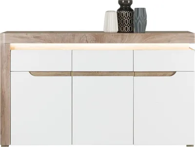 Produktbild von Furniture24 Kommode Irma IM3 Schrank Wohnzimmerschrank Sideboard mit 3 Türen 1 Schublade und Led Beleuchtug Eiche/Weiß Hochglanz