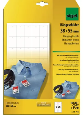 Obrázek produktu pro SIGEL LP716 - Etikety - bílé - 38 x 55 mm - 200 g/m2 - 750 ks. (30 listů x 25) (LP716)