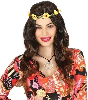 Produktbild von braune lange 70er Jahre Hippie Perücke mit Blumen für Damen