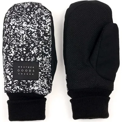 A pair of black mittens with a white splatter pattern on one side and a solid black palm with grip dots on the other.