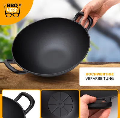 Produktbild von BBQ-Nerd Gusseisen Wok Ø 33,5 cm für asiatische Gerichte und mehr - Antihaftpfanne - Wokpfanne für Grill Feuerstelle Herd einschl. Induktion
