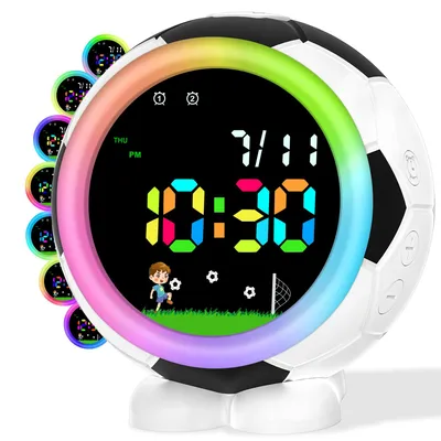Kinderwecker ohne Ticken, Fußball-Design, 2 Wecker, Nachtlicht 7 Farben