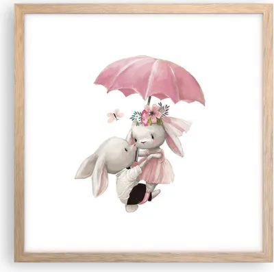 Produktbild von Gerahmtes Poster - Rahmen in heller Eiche - Hasen Regenschirm Kinder - 40x40 cm - Wand Bild - Wanddeko - Wandbilder - Kunstposter - Wandposter - Bilderrahmen - Bilder - Kunstdruck - P2NAC40x40-4777
