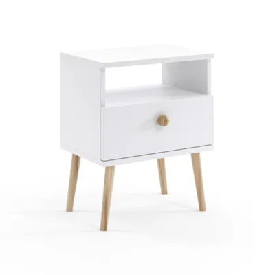 Image de Table de chevet Blanc Mat NATURA 44cm avec tiroir et pieds en bois massif Boho Skandi Design Mat