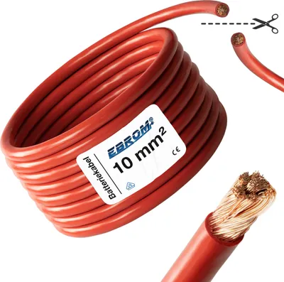 Produktbild von EBROM® 5 Meter Batteriekabel 10 mm² ROT - Pluskabel - Wohnwagen - KFZ - Boot - 99,9 % OFC Kupfer Vollkupfer - 5m 10 mm2 - 5 m 10mm2