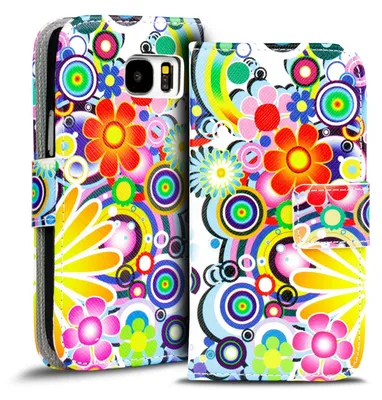 A flip-style phone case with a colorful, abstract floral and circular pattern.