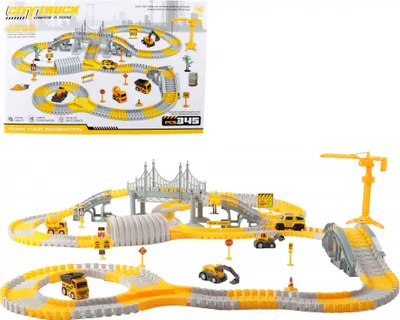 Produktbild von Jonotoys Stadt-LKW-Autobahn mit vielen Schienenteilen und Zubehör sowie 3 Autos