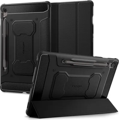 Multiple views of a black tablet case with a built-in stand and stylus holder.