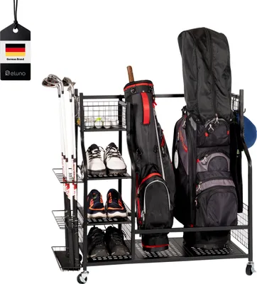 Immagine prodotto di organizzatore per sacche da golf eluno con ripiani e cestini, per 2 sacche da golf e accessori da golf, in acciaio nero