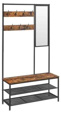 Obrázok produktu pre Vesák s lavicou, vintage štýl, hnedý a čierny – drevotrieska a oceľ – 35 x 98 x 180 cm