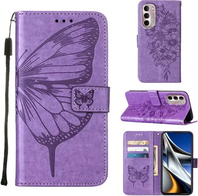 Produktbild von Moto G Stylus 4G 2022 Hülle, Schmetterling Prägung Flip Leder Kartenfächer Schutzhülle Ledertasche mit Ständer für Motorola Moto G Stylus 4G 2022 Violett