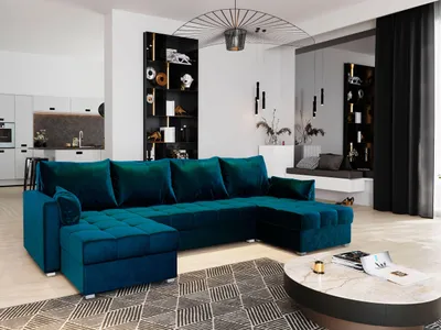 A modern living room with a large sectional sofa, shelves, and a coffee table.