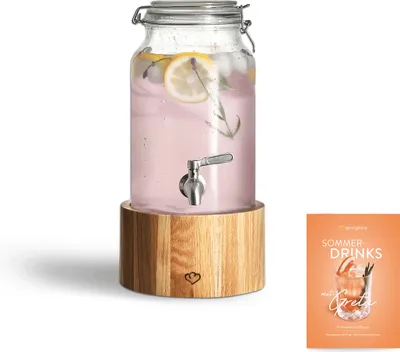 Produktbild von SPRINGLANE Glas Getränkespender 3,8 L Greta mit Edelstahl-Zapfhahn & Ständer aus Eichenholz, Limonaden-Spender, Vintage Design Mason Jar
