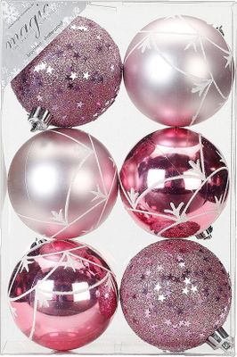 Weihnachtskugeln Dekorierte Kugeln Kunststoff 8cm 6er Set - Rosa Mix
