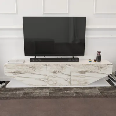 Image de Skye Decor, Inci - White, meuble TV, marbre blanc, panneaux de particules 100 % mélaminés, 180 x 30 x 45 cm