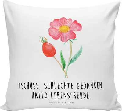 Produktbild von Mr. & Mrs. Panda Kuschelkissen Blume Hagebutte - Weiß - Geschenk, 40x40, Polster, kissen bedruckt, Schlechte Gedanken, 40 X 40, Mikrofaser, Lebensfreude, Blumen