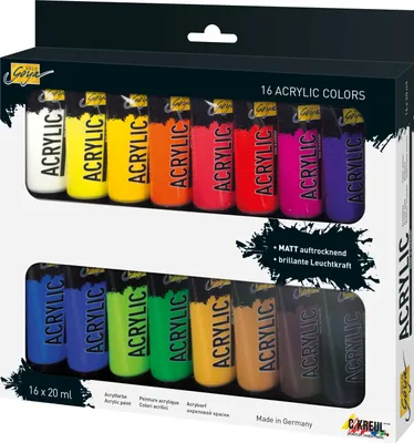 A box of 16 acrylic paint tubes, with the tubes arranged in two rows.