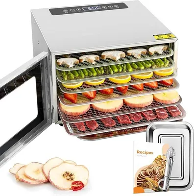 Imagen del producto de Deshidratador de acero inoxidable con libro de recetas, 6 bandejas, regulador de temperatura de 30-90?, función de temporizador de 24 horas, libre de BPA. Deshidratador para frutas, carne, verduras, hierbas y otros alimentos