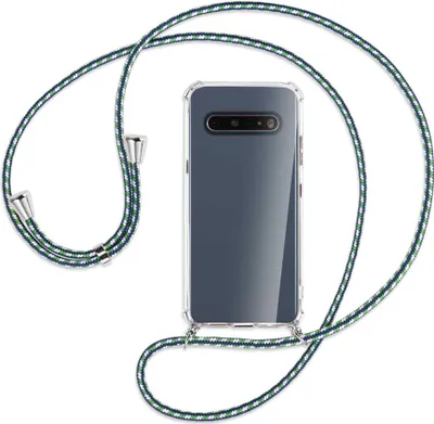 Produktbild von Handykette Backcover-Schutzhülle mit Band (Metall silberfarben) für LG V60 ThinQ - grün/blau/weiß
