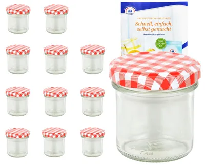 Produktbild von 12er Set Sturzglas 167 ml To 66 rot karierter Deckel Einmachgläser Gläser incl. Rezeptheft