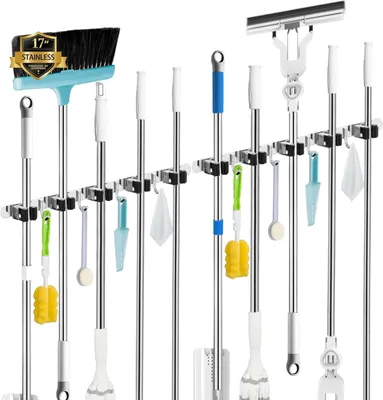 Produktbild von Set von 5 Halterungen + 4 Haken für Besenhalter an der Wand, wandmontierter Besenhalter ohne Bohren, Besenaufbewahrung, silber