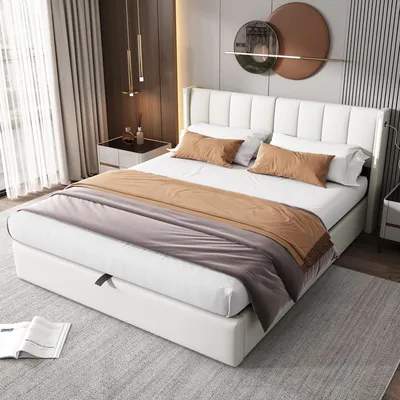 Zdjęcie produktu dla Łóżko tapicerowane, 180 x 200 cm, z hydraulicznym pojemnikiem na pościel, oświetleniem LED, portem USB, portem typu C, obiciem z materiału PU, kolor biały