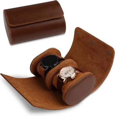 Produktbild von Zylindrisches Uhrenetui, 2 Fächer, Uhrenhalter, Reisetasche, Vintage-Uhrenetui für Damen und Herren, braun, verbesserte Version