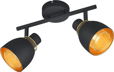 A black, two-headed ceiling spotlight with gold interior accents, shown against a white background.