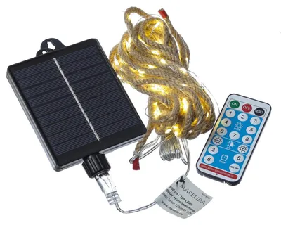 Produktbild von LED Solar Lichterkette Juteseil - 100 warmweiße LED - L: 5m - 8 Funktionen/USB - Fernbedienung