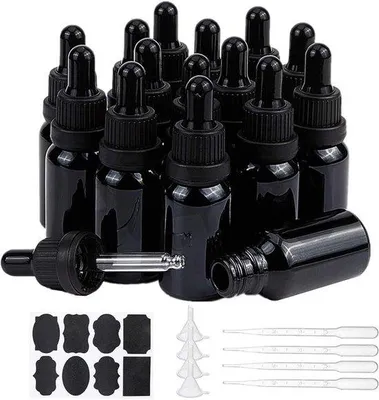 Produktbild von Gläserne Flaschen 15 ml mit Tropfenspritzen und Zubehör für Aromatherapie