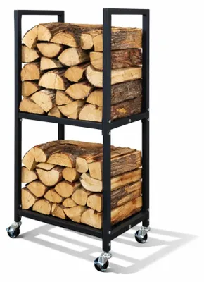 Produktbild von Kaminholzregal PHOENIX mit Rollen & 2 Ebenen | für innen & außen | HxBxT 82x44x28cm | Metall | Schwarz | Holzständer Holzhalter Kaminholzständer Brennholzregal Mobil Holzunterstand