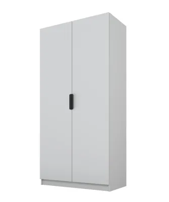A gray wardrobe with two doors and a black handle, shown against a white background.