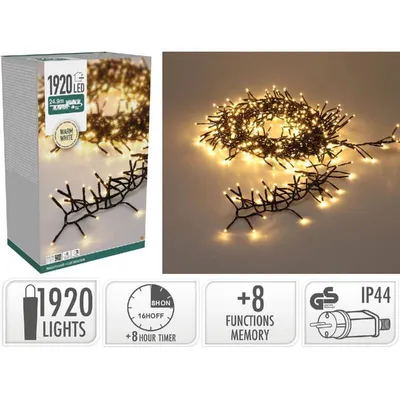 A product box and a close-up of LED string lights.